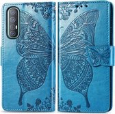 Voor OPPO Reno3 Pro vlinder liefde bloem reliëf horizontale flip lederen tas met beugel / kaartsleuf / portemonnee / lanyard (blauw)