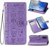 Voor Galaxy S20 schattige kat en hond reliëf horizontale flip lederen tas met beugel / kaartsleuf / portemonnee / lanyard (paars)