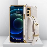 Voor OPPO Reno5 Pro Plus gegalvaniseerde TPU krokodillenpatroon lederen tas met polsband (wit)