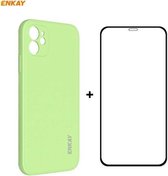 Voor iPhone 12 Hat-Prince ENKAY ENK-PC0682 Vloeibare siliconen Rechte rand schokbestendige behuizing + 0.26 mm 9H 2.5D Volledige lijm Gehard glasfilm (lichtgroen)