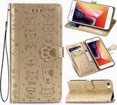 Voor iPhone SE 2020 Leuke Kat en Hond In reliëf gemaakte Horizontale Leren Flip Case met Beugel / Kaartsleuf / Portemonnee / Lanyard (Goud)