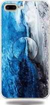 Voor iPhone 8 Plus en 7 Plus reliëf gevernist marmer TPU beschermhoes met houder (donkerblauw)