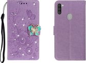 Voor OPPO A11 horizontale strass vlinder reliëf lederen tas met kaartsleuf & portemonnee & houder (paars)