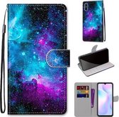 Voor Geschikt voor Xiaomi Redmi 9A Gekleurde Tekening Cross Textuur Horizontale Flip PU Lederen Case met Houder & Kaartsleuven & Portemonnee & Lanyard (Paars Groen Sterrenhemel)