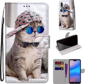 Voor Huawei P20 Lite / nova 3e Gekleurde tekening Cross Texture Horizontale Flip PU lederen hoes met houder & kaartsleuven & portemonnee & lanyard (B20 Slant Hat Blue Mirror Cat)