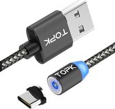 TOPK 2m 2.1A uitgang USB naar USB-C / Type-C mesh gevlochten magnetische oplaadkabel met LED-indicator (grijs)