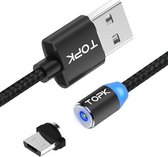 TOPK 1m 2.4A Max USB naar Micro USB Nylon gevlochten magnetische oplaadkabel met LED-indicator (zwart)