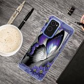 Voor OnePlus 9 schokbestendig geverfd transparant TPU beschermhoes (grote paarse vlinder)