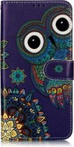 Olie reliëf gekleurde tekening patroon horizontale flip PU lederen tas met houder & kaartsleuven & portemonnee & fotolijst voor Galaxy M20 (blauwe uil)