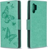 Twee vlinders reliëfpatroon horizontale flip lederen tas met houder & kaartsleuf & portemonnee & lanyard voor Galaxy Note10 + (groen)