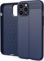 iPhone 12 Pro Max Hoesje Shock Proof Siliconen Hoes Case | Back Cover TPU met Leren Textuur - Blauw