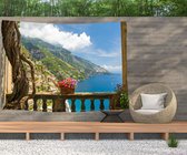 Ulticool - Vue Balcon Montagnes Mer Nature - Affiche Tapisserie - 200x150 cm - Groot tapisserie - Affiche Jardin Tapisserie