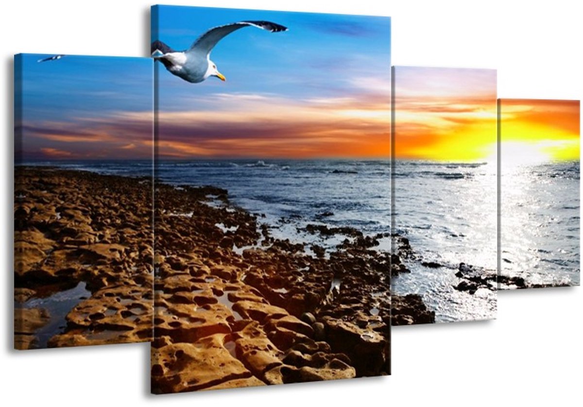 GroepArt - Schilderij - Zee - Bruin, Blauw, Geel - 160x90cm 4Luik - Schilderij Op Canvas -