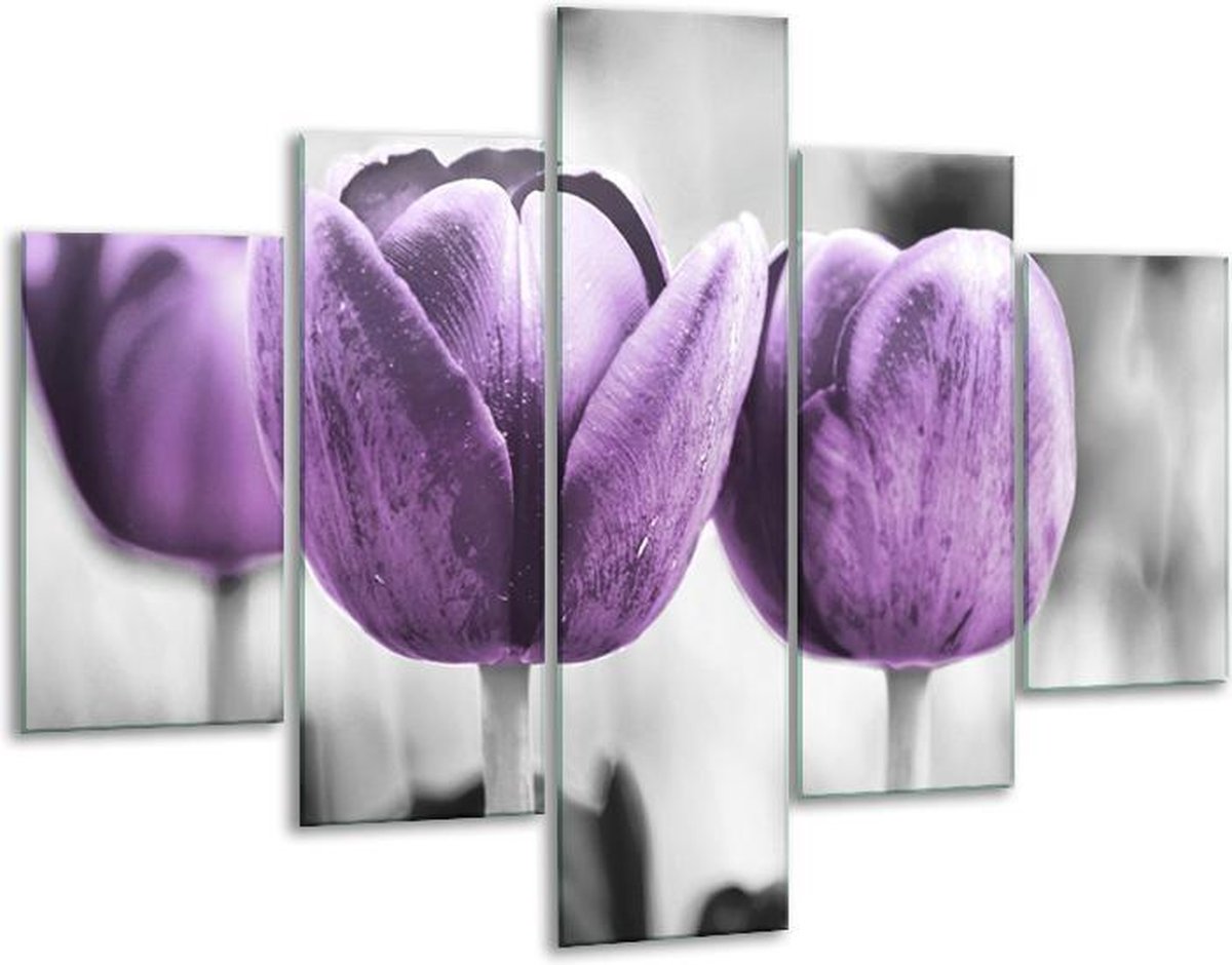 Glasschilderij - Tulpen - Paars, Grijs, Wit - 100x70cm 5Luik - Geen Acrylglas Schilderij -