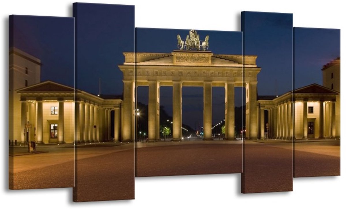 GroepArt - Schilderij - Steden - Geel, Blauw, Bruin - 120x65 5Luik - Foto Op Canvas - Groe