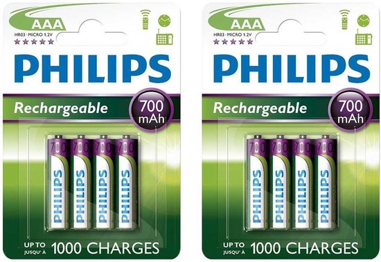 Philips AAA oplaadbare batterij - 700mAh - 8 batterijen (2 blisters a 4  stuks) | bol.com