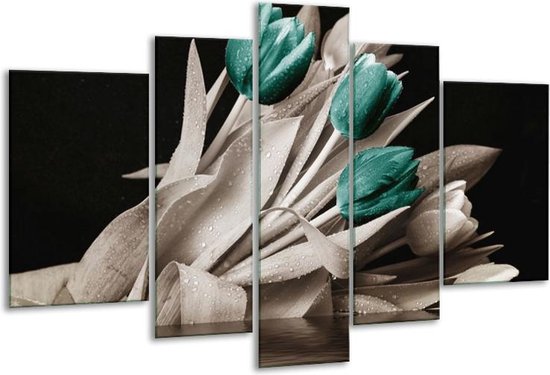 Glasschilderij Tulpen - Blauw, Wit, Zwart - 170x100cm 5Luik - Foto Op Glas - Geen Acrylglas Schilderij - 6000+ Glasschilderijen Collectie - Wanddecoratie