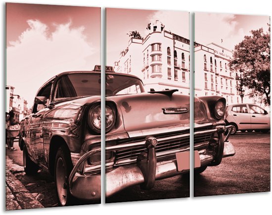 Glasschilderij Auto, Oldtimer - Bruin, Rood - 120x80cm 3Luik - Foto Op Glas - Geen Acrylglas Schilderij - GroepArt 6000+ Glas Art Collectie - Maatwerk Mogelijk