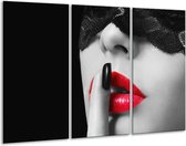 GroepArt - Schilderij -  Vrouw, Lippen - Zwart, Grijs, Rood - 120x80cm 3Luik - 6000+ Schilderijen 0p Canvas Art Collectie