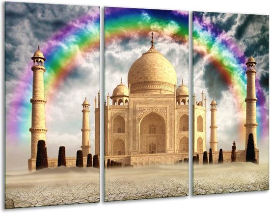 Glasschilderij Taj Mahal - Crème - 120x80cm 3Luik - Foto Op Glas - Geen Acrylglas Schilderij - GroepArt 6000+ Glas Art Collectie - Maatwerk Mogelijk