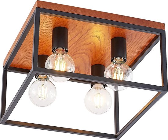 Lindby - plafondlamp - 4 lichts - staal, eikenhout - H: 22.5 cm - E27 - eiken, zwart