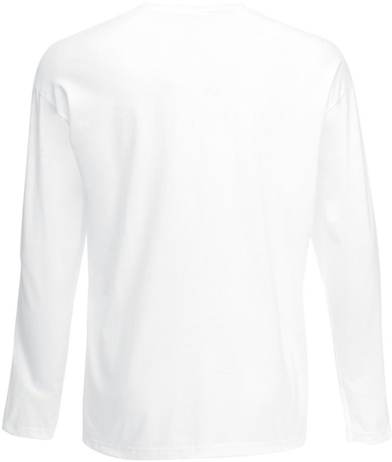 Achterkant wit Fruit of the Loom T-shirt met lange mouwen, ronde hals.