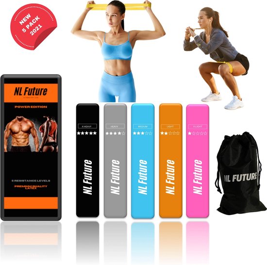 NL Future - Weerstandsbanden Set - Hoge Kwaliteit - 5 Resistance Banden - Gratis fitness handleiding – Met Gratis Draagtas – Fitness Elastiek – Booty Band