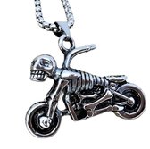 Edelstaal hanger 3D motorbike met skelet en gratis zwart leer ketting.