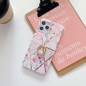 Plating Splicing Pattern Soft TPU beschermhoes met standaard Ringhouder voor iPhone 12 Mini (stiksels van roze bloemen)