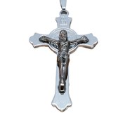 Edelstaal hanger: Antraciet - Jezus aan - zilver Kruis met Inscriptie - "INRI".- met gratis echt leer ketting.