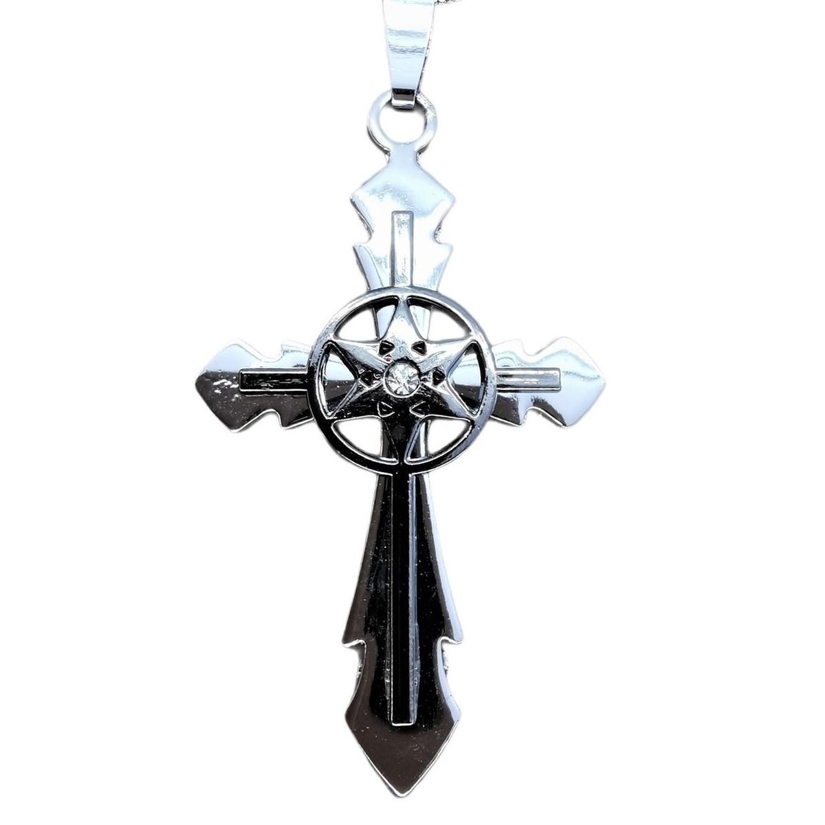 Edelstaal zilverkleur hanger kruis met midden antraciet zwart kleur ster en 1 strass steentje.