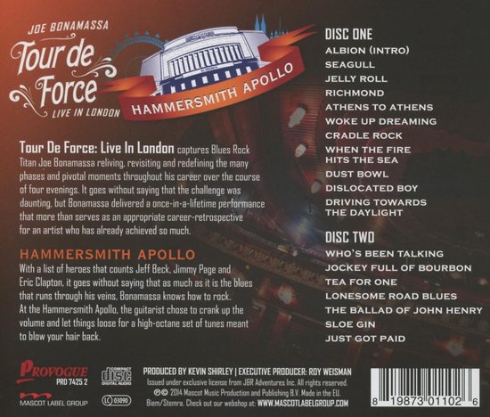 Boekje met de tracklist van Joe Bonamassa's "Tour de Force: Live In London" album.