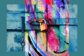 JJ-Art (Canvas) 90x60 | Papegaai - abstract - kleurrijk - geschilderde stijl - woonkamer - slaapkamer | vogel, kunst, dier, rood, geel, blauw, grijs, modern | Foto schilderij print
