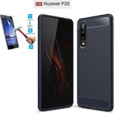 Huawei P30 Carbone Brushed Tpu Blauw Cover Case Hoesje - 1 x Tempered Glass Screenprotector CTBL