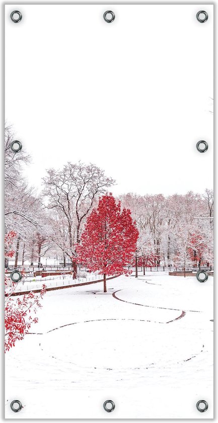 Tuinposter –Rode Boom in de Winter– 100x200cm Foto op Tuinposter (wanddecoratie voor buiten en binnen)
