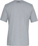 Grijs Under Armour sportshirt met aan de achterkant een rond Under Armour logo boven de neklijn.
