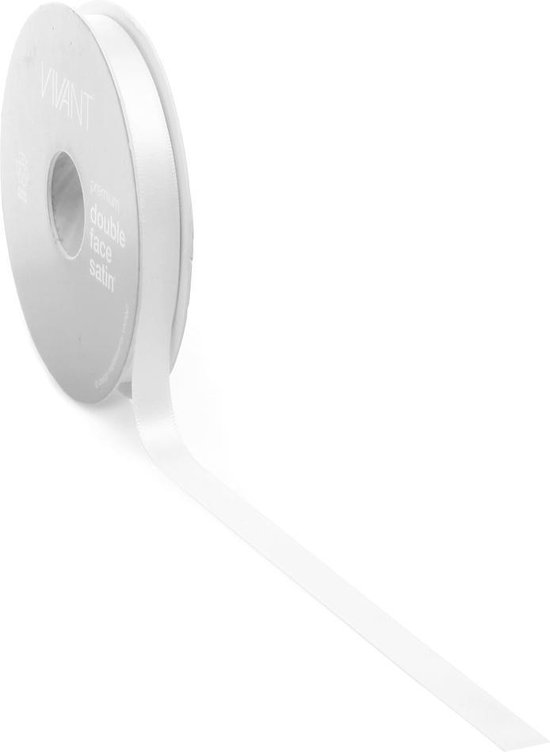 Witte satijnen lintrol met een losse uiteinde van het lint.