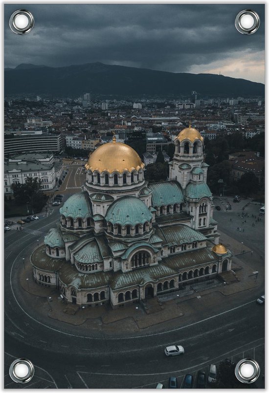 Tuinposter –Moskee in Stad - Sofia Bulgarije– 60x90cm Foto op Tuinposter (wanddecoratie voor buiten en binnen)