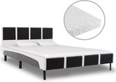 Bed met Matras Zwart WIt 140x200 cm Kunstleer  (Incl LW Led klok) - Bed frame met lattenbodem - Tweepersoonsbed Eenpersoonsbed