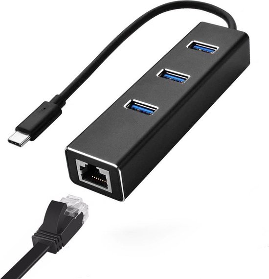 MMOBIEL USB Type C naar Ethernet 100 Mbps Adapter RJ45 Dongle voor Macbook - Mac - iMac - PC - 3 USB Poorten 3.0 - ZWART - MMOBIEL