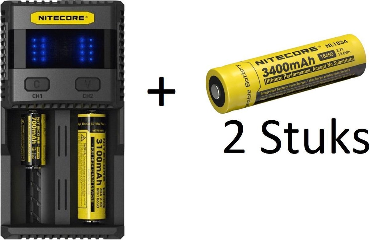 Nitecore Superbcharge SC2 EU 2 chanel Intelligent Fast charger for Li-ion batteries + 2 Nitecore 18650 3400 mah Batterijen