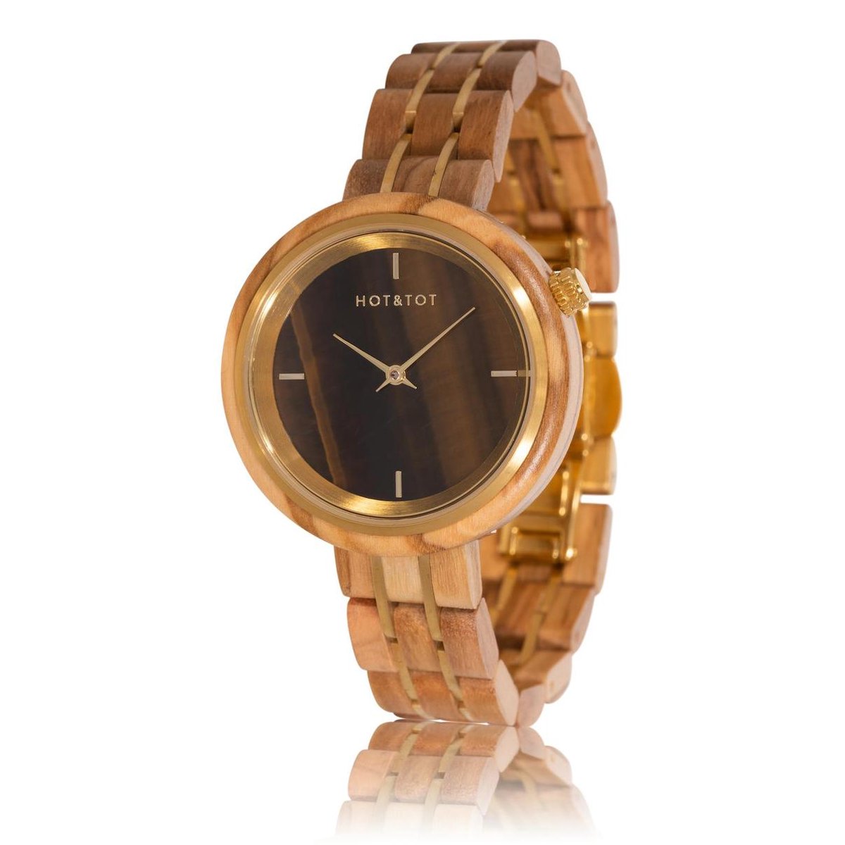 HOTTOT | Avalon - Houten horloge voor dames - 36mm - Olijfhout - Tijgeroog steen - Goud