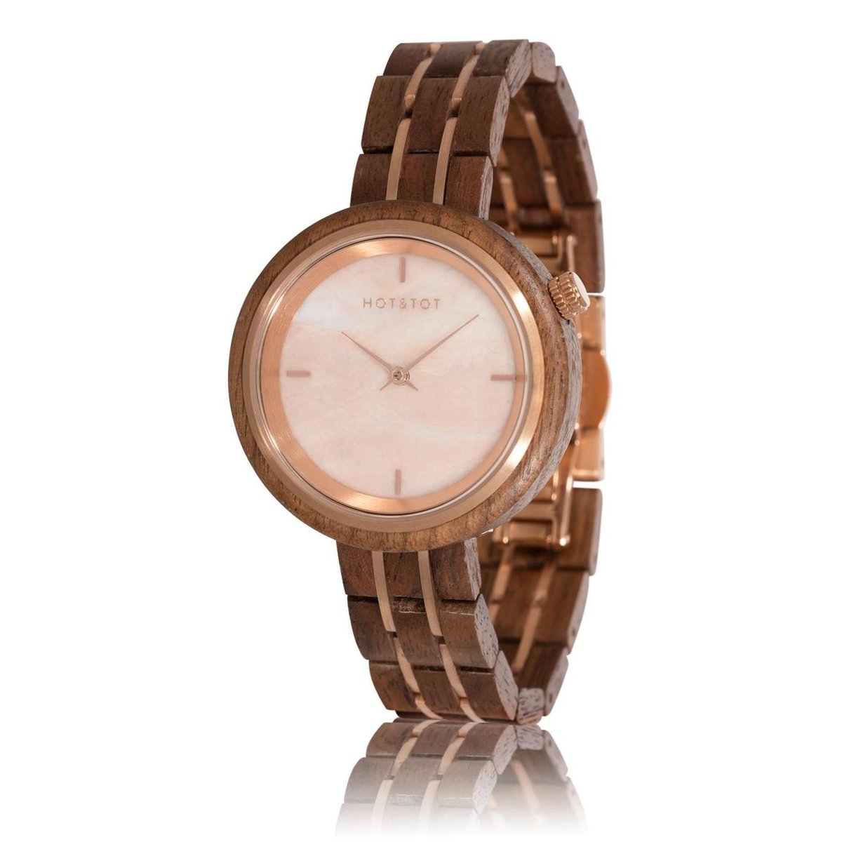 HOTTOT | Phoenix - Houten horloge voor dames - 36mm - Walnoot hout - Rozenkwarts steen - Roségoud - Bruin