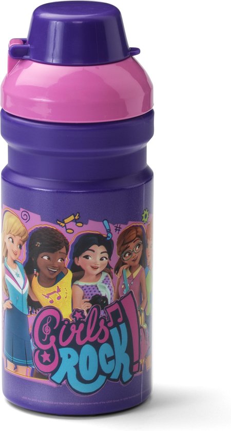 Gourde violette avec bouchon rose, illustrant 4 LEGO Friends et le texte 'Girls Rock'.
