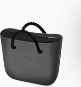 O bag mini handtas in donkergrijs, compleet met korte touw handvatten in zwart en canvas binnentas in zwart