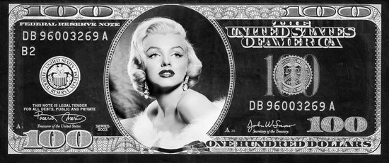 Dibond Marilyn Monroe in Dollarbiljet 120 x 50 cm Aluminium Geborsteld incl. luxe ophangframe