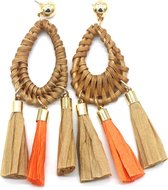 Dielay - Oorbellen Rotan - Oorhangers - 10x3 cm - Bruin en Goudkleurig