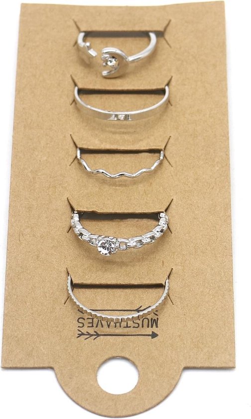 Ringen Maan en Ster - Setje van 5 Stuks - Ringmaat 17 - Zilverkleurig -