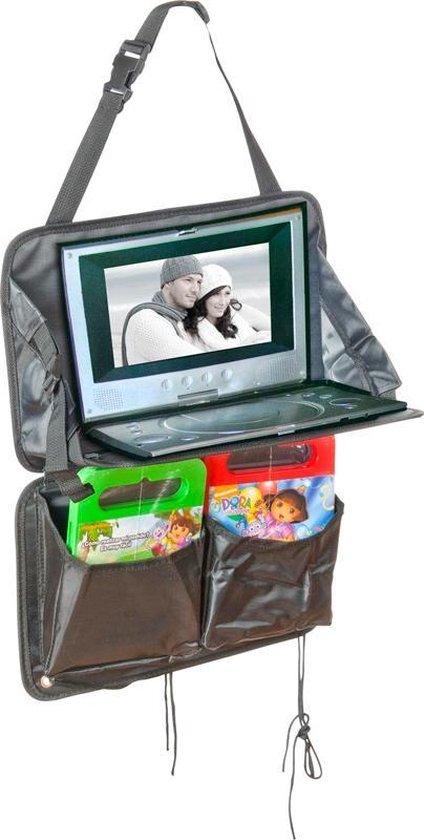 Zwarte autostoel organizer met draagbare DVD-speler en ruimte voor twee spellen, waaronder Dora.
