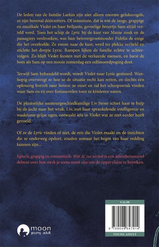 Achterkant van het boek "Wat de zee vertelt" met tekst, prijs en logo's.